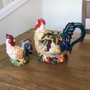 Colorful Ceramic ROOSTER -Veggies & Fruits Teapot + Sugar bowl Jay Import
